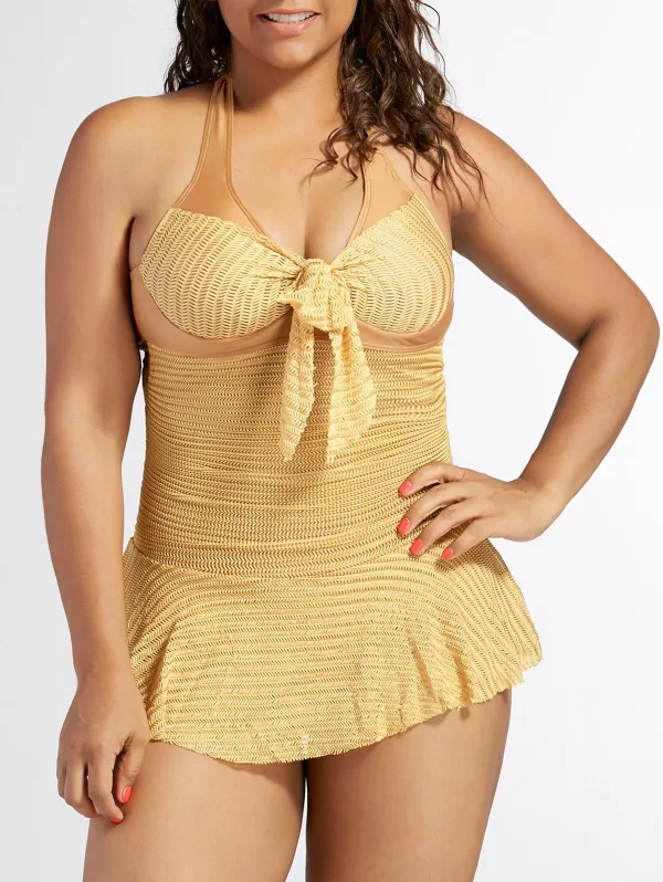 Sexy Halterneck Backless Drawstring Ruffled Lace One-piece Women's Swimwear