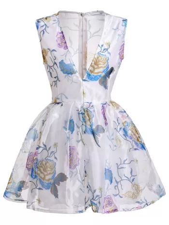 Sexy Plunging Neck Sleeveless See-through Flower Pattern Women's Dress