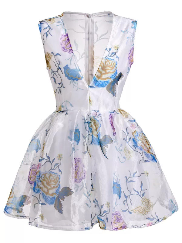 Sexy Plunging Neck Sleeveless See-through Flower Pattern Women's Dress