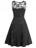 Sheer Lace Panel Belted Sleeveless A Line Dress