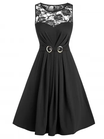 Sheer Lace Panel Belted Sleeveless A Line Dress