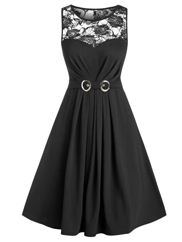 Sheer Lace Panel Belted Sleeveless A Line Dress