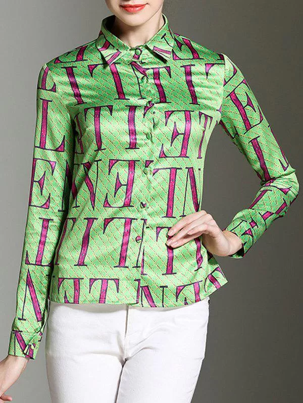 Shirt Collar Letter Print Button Design Satin Shirt