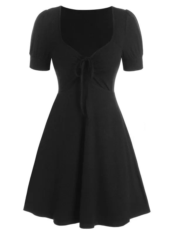 Short Sleeve Cinched Ribbed Flare Dress