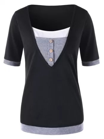 Short Sleeve Panel T-shirt With Button