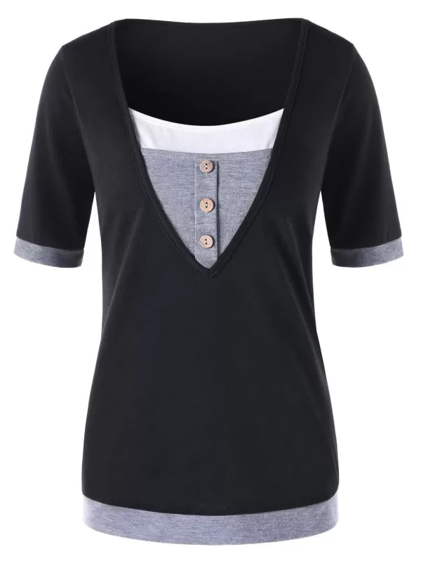 Short Sleeve Panel T-shirt With Button