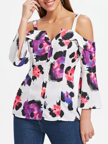 Shoulder Cut Flare Sleeve Button Up Blouse