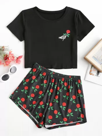 Skeleton Rose Print Tee And Shorts Set
