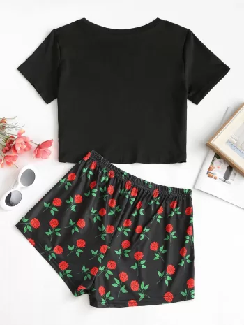 Skeleton Rose Print Tee And Shorts Set