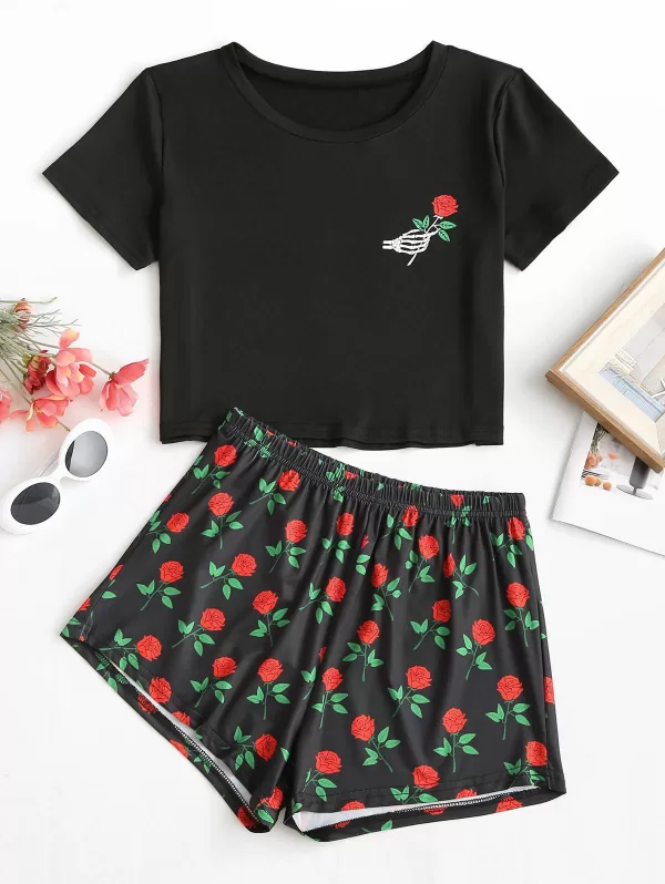 Skeleton Rose Print Tee And Shorts Set