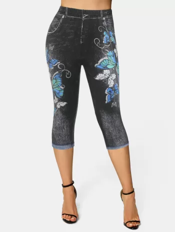 Skinny 3d Butterflies Print Capri Jeggings