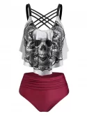 Skull Flower Print Criss-cross Padded Tankini Set