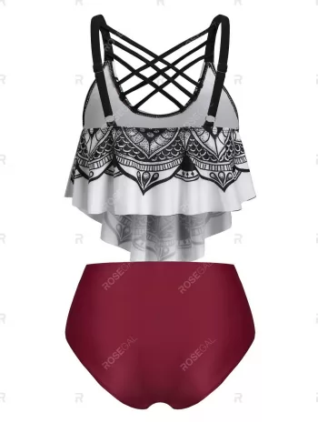 Skull Flower Print Criss-cross Padded Tankini Set