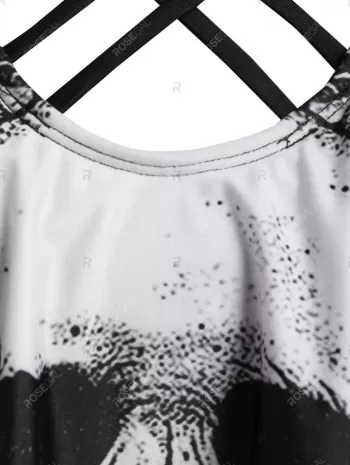 Skull Flower Print Criss-cross Padded Tankini Set