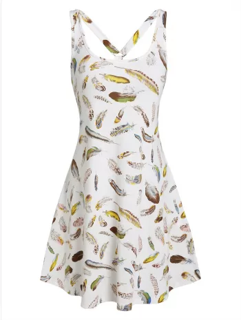 Sleeveless Feather Print Flare Dress