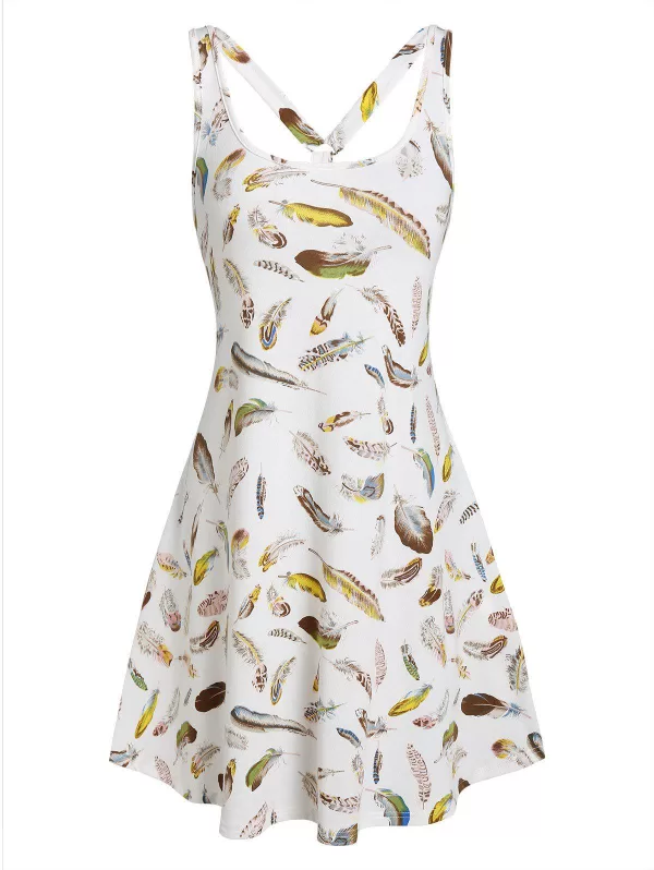 Sleeveless Feather Print Flare Dress
