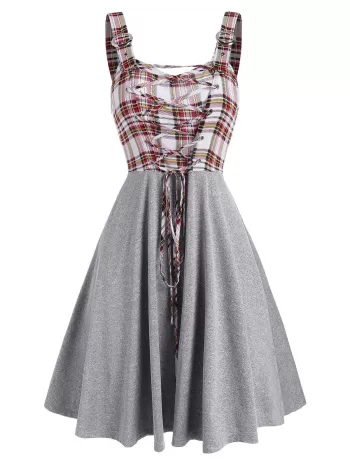 Sleeveless Plaid Print Lace-up Buckle Strap Dress