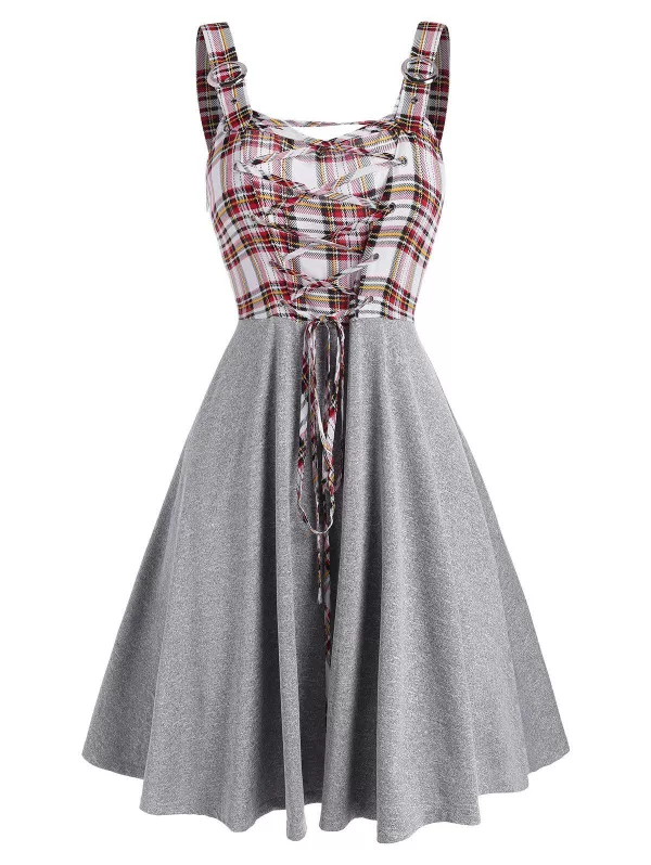 Sleeveless Plaid Print Lace-up Buckle Strap Dress