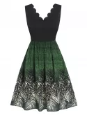 Sleeveless Scalloped Leaf Print Flare Dress