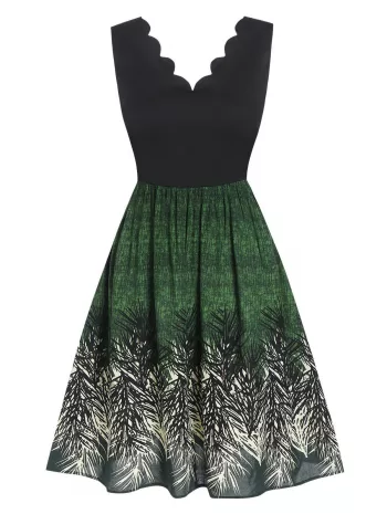Sleeveless Scalloped Leaf Print Flare Dress