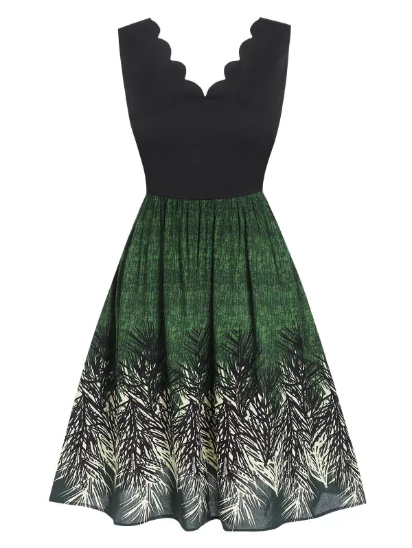 Sleeveless Scalloped Leaf Print Flare Dress