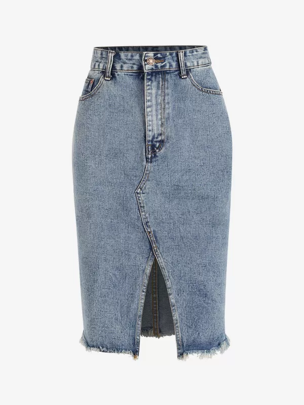 Slit Frayed Denim Skirt