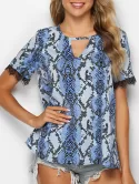 Snake Print Lace Trim Keyhole T-shirt