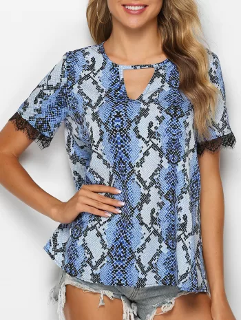 Snake Print Lace Trim Keyhole T-shirt