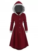 Snap Button Fur Trim Hooded High Low Coat