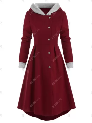 Snap Button Fur Trim Hooded High Low Coat