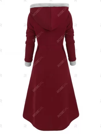 Snap Button Fur Trim Hooded High Low Coat