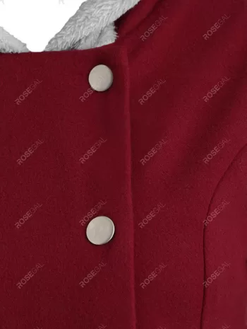 Snap Button Fur Trim Hooded High Low Coat