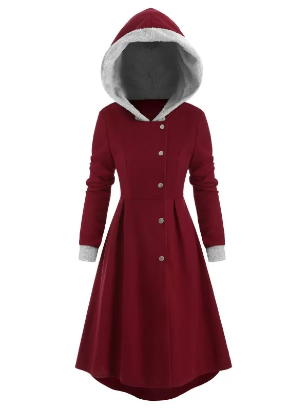 Snap Button Fur Trim Hooded High Low Coat