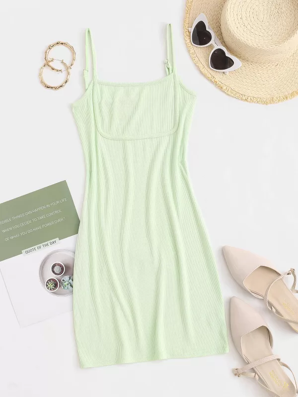 Solid Ribbed Cami Slinky Mini Dress