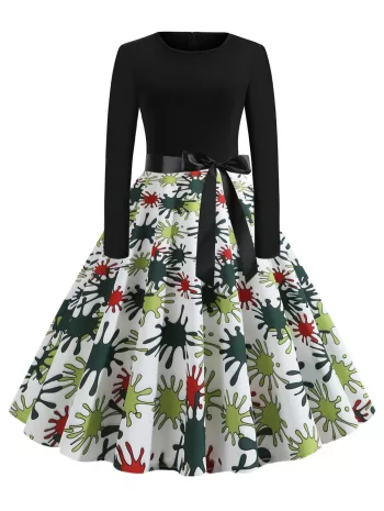 Splash Print Belted Round Neck Flare Dress