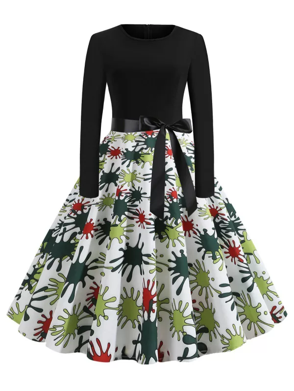 Splash Print Belted Round Neck Flare Dress