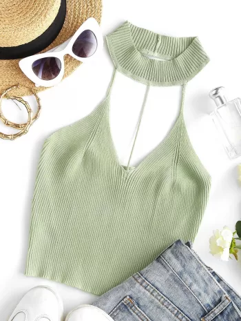 String Cutout Ribbed Knitted Crop Top