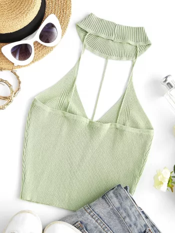 String Cutout Ribbed Knitted Crop Top