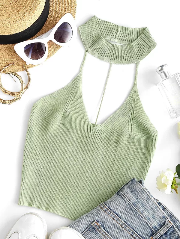 String Cutout Ribbed Knitted Crop Top