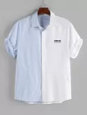 Striped Letters Half And Half Pattern Two Tone Shirt