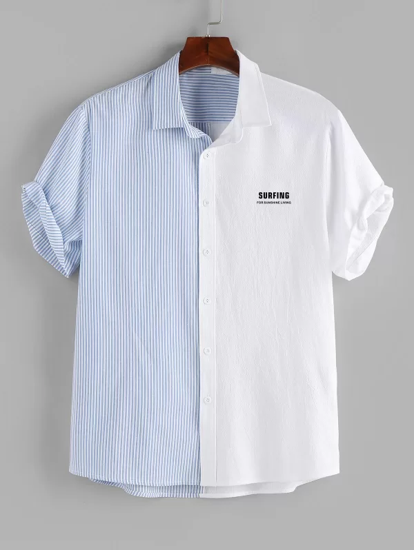 Striped Letters Half And Half Pattern Two Tone Shirt
