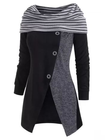 Striped Slit Button Embellished Cowl Neck Knitwear