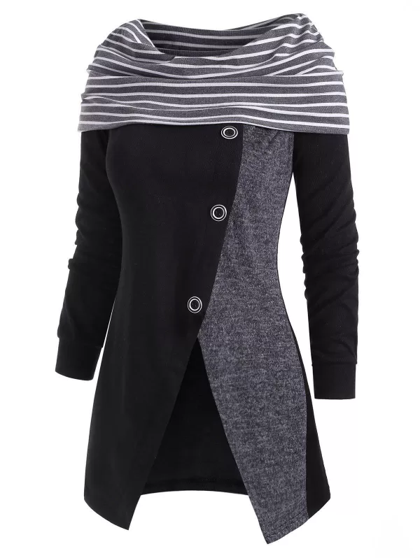 Striped Slit Button Embellished Cowl Neck Knitwear