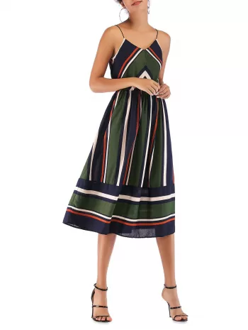 Stripes Elastic Waist Cami Midi Dress