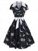 Sun Moon Star Mock Button V Notch Dress