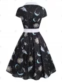 Sun Moon Star Mock Button V Notch Dress