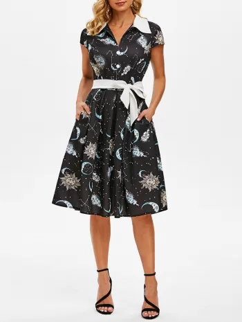 Sun Moon Star Mock Button V Notch Dress