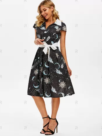 Sun Moon Star Mock Button V Notch Dress