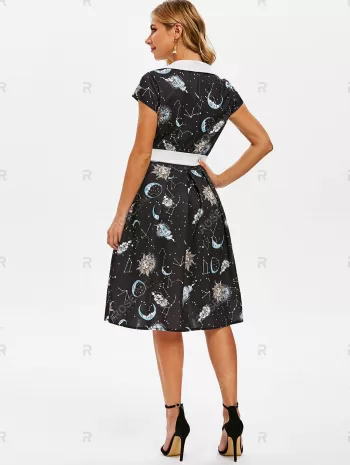 Sun Moon Star Mock Button V Notch Dress