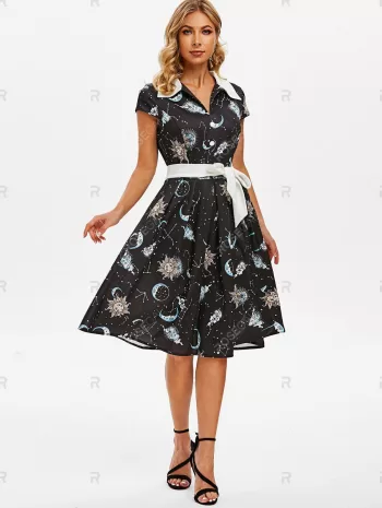 Sun Moon Star Mock Button V Notch Dress